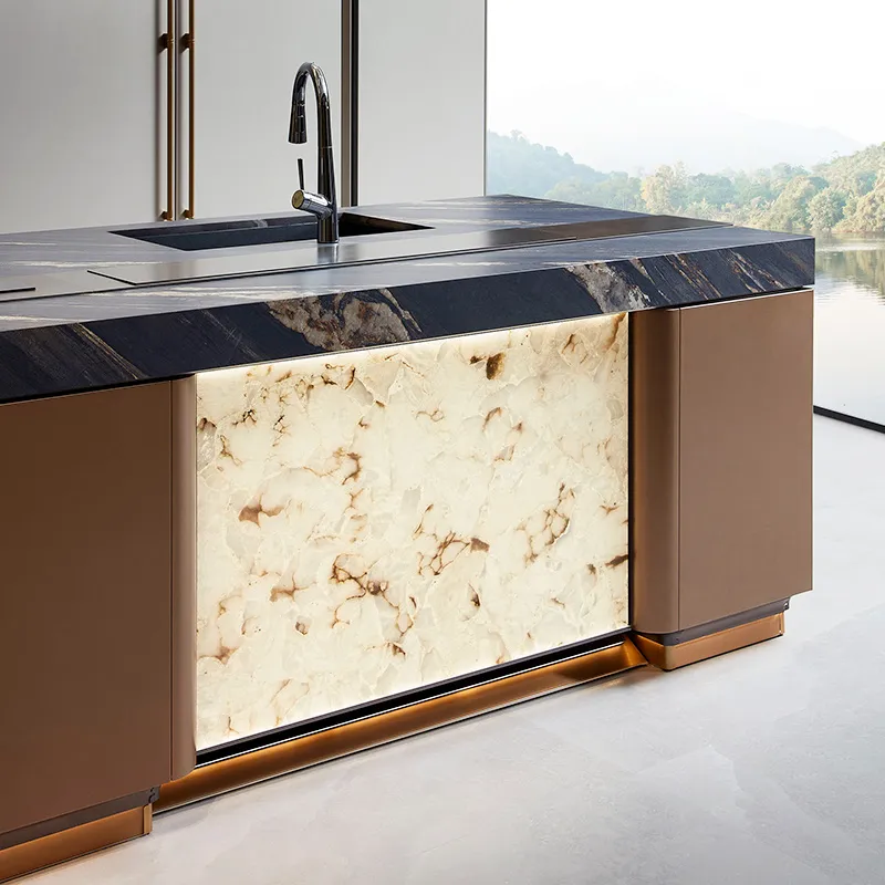 Modern OPPEIN kitchen island with integrated dining table – elegant and functional design